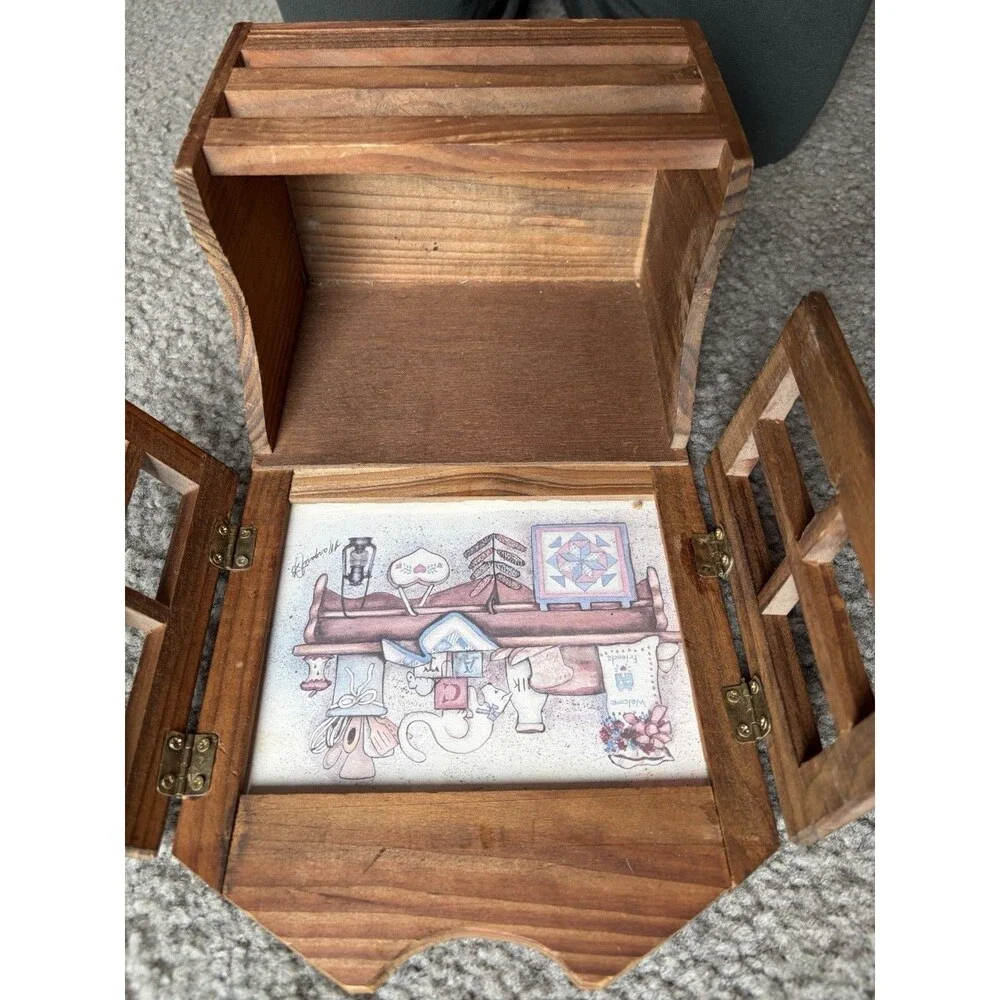 VTG Wood Shelf With 5x7 Picture Photo Frame Cabinet Doors Cottage Cabin Decor
